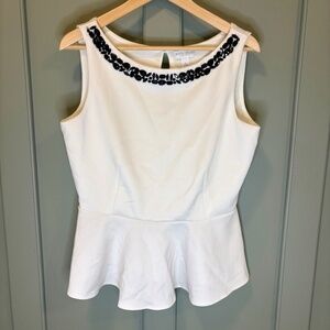 Bisou Bisou Ivory Beaded Peplum Top with Keyhole Back Size Large Keyhold Back